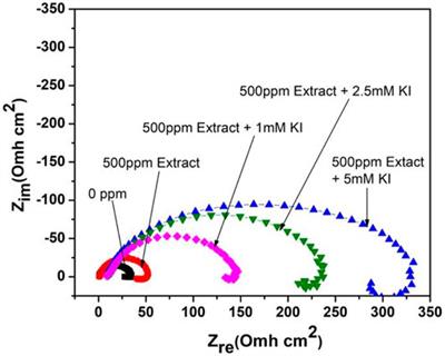 KI effects on corrosion inhibition for 1018 steel in acid media using Medicago sativa